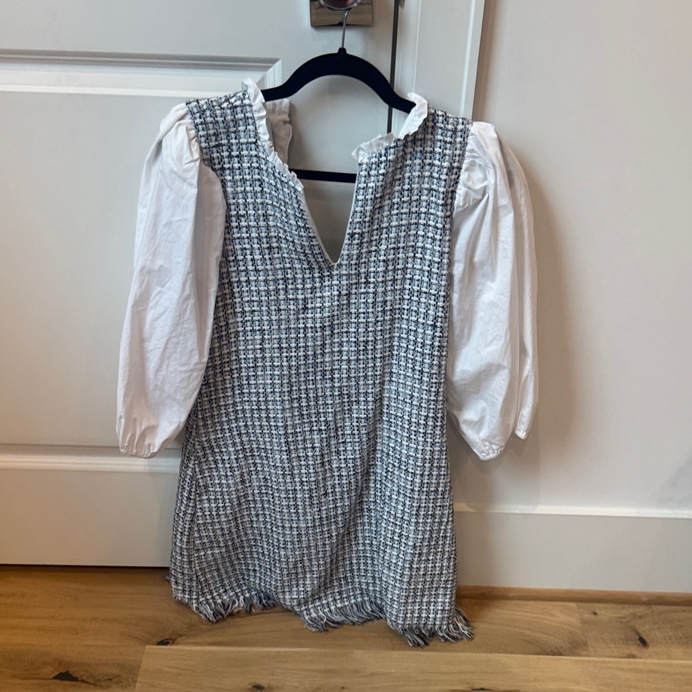 Riley & Rae Womens Gray Tweed Puff-Sleeve V-Neck Sweater Shift Dress Size 6 - Picture 3 of 3